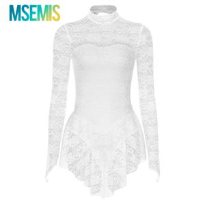 여성용 성인 긴팔 레이스 체조 타이트 점프수트, 모크넥 피겨 아이스 스케이팅 롤러 스케이트 발레 댄스 레오타드 원피스