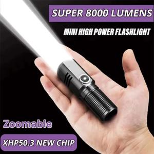 슈퍼 밝은 XHP50 미니 LED 손전등 야외 캠핑 낚시에 대 한 USB 충전식 줌 알루미늄 합금 전술 손전등