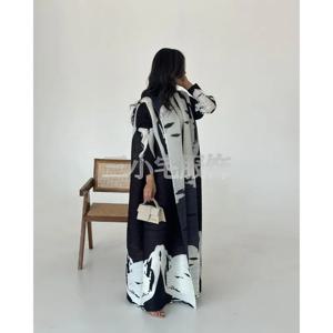 레트로 프린트 플리츠 윈드 브레이커 여성 패치 워크 칼라 벨트 롱 윈드 브레이커 자켓 사우디 아라비아 New Muslim Abaya
