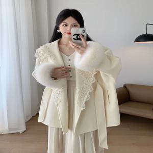 여성용 진짜 천연 여우 모피 커프스, 양모 망토, 따뜻한 캐시미어 재킷, 럭셔리 두꺼운 여성 코트, 겨울 패션