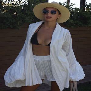 Clacive 패션 느슨한 흰색 면화 여성을위한 설정 2 조각 2025 높은 허리 반바지 세트 여성과 우아한 퍼프 슬리브 가운