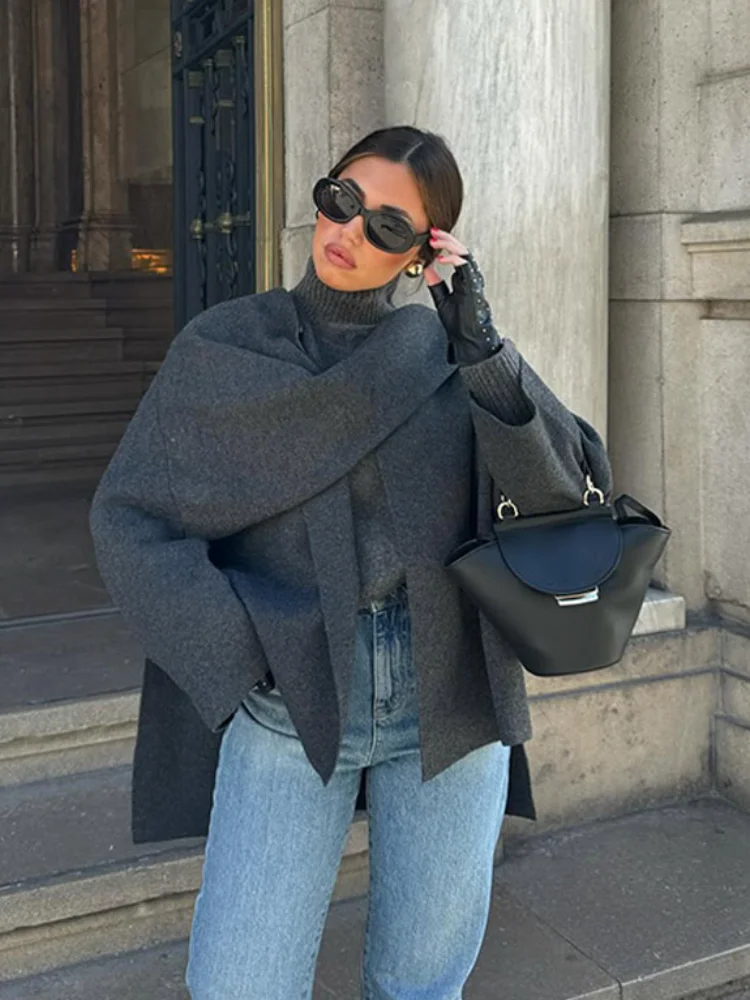 가을 겨울 새로운 여성 케이프 솔리드 긴 소매 니트 코트 패션 스카프 칼라 따뜻한 여성 짧은 재킷 우아한 streetwear