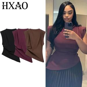 HXAO 신상 여성 탑 민소매 레드 블랙 블라우스 여성 여름 주름 비대칭 탑 여성 슬림 핏 브라운 스타일리시 여성 탑
