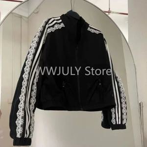 여성을위한 레이스 패치 워크 스트라이프 썬 프로텍션 자켓 2025 새로운 한국어 인과 지퍼 스탠드 넥 카디건 코트 탑 디자인