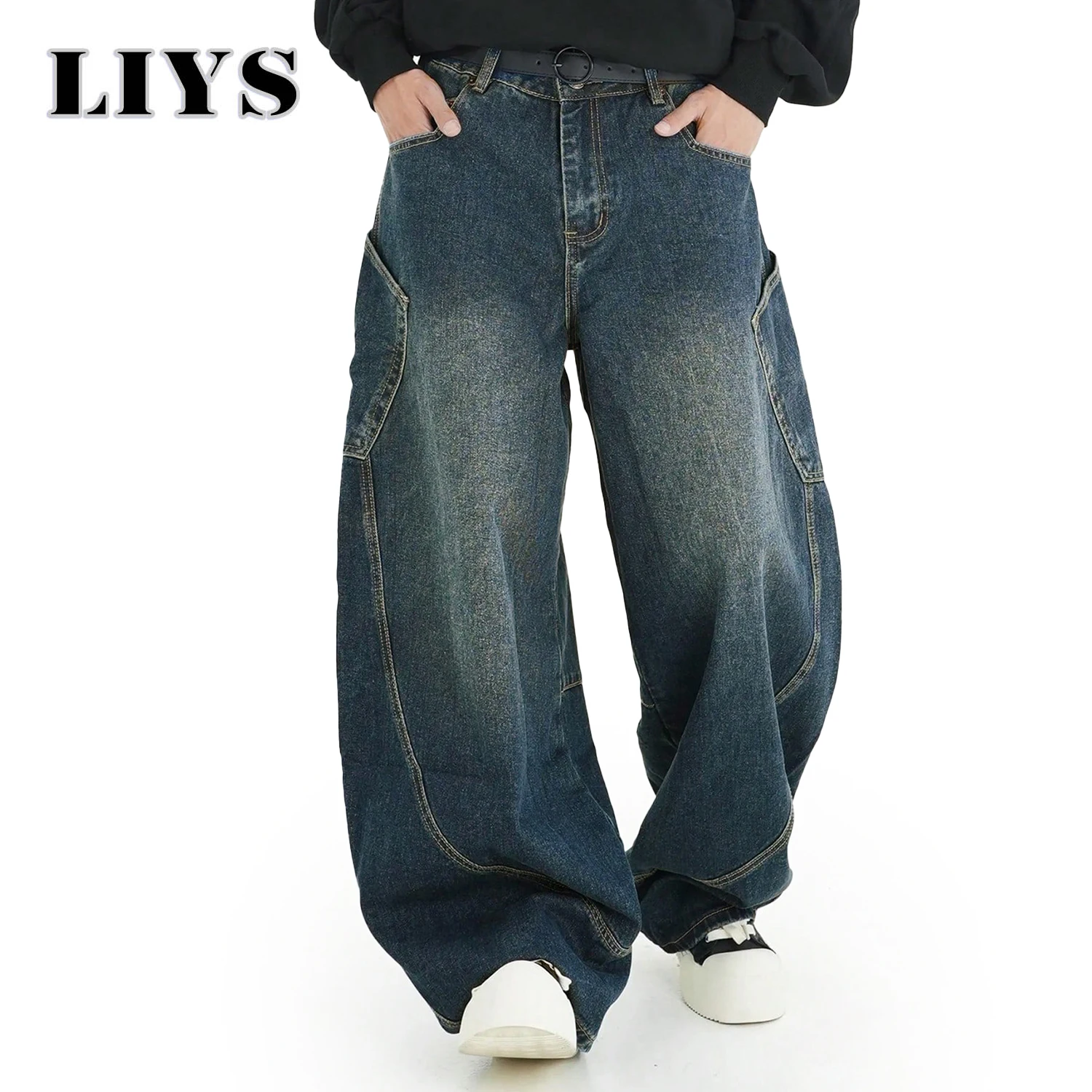 남성복 아메리칸 워시 데님 바지 빈티지 입체 대형 포켓 컷 커브 나이프 청바지 루즈핏 여름 새로운 트렌드