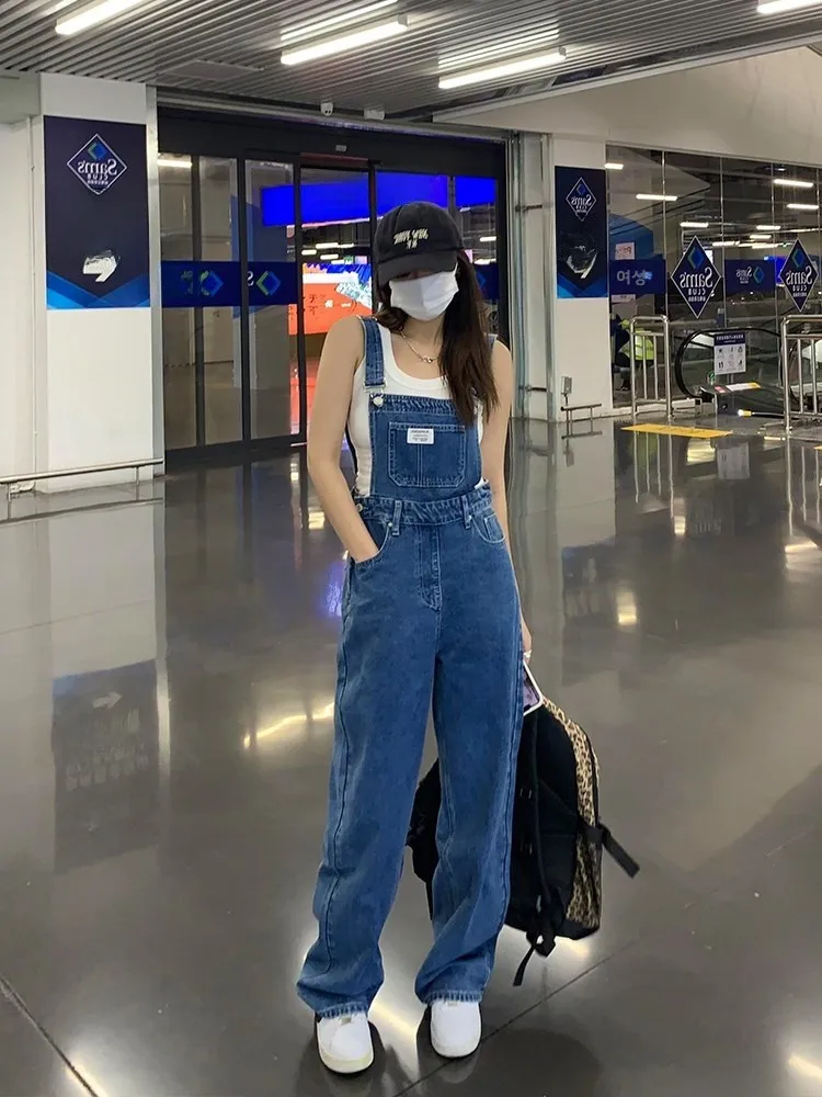 플러스 사이즈 여성용 하이웨이스트 스트레이트 데님 오버롤 봄 가을 신상 루즈 슬림핏 다용도 와이드 레그 점프수트