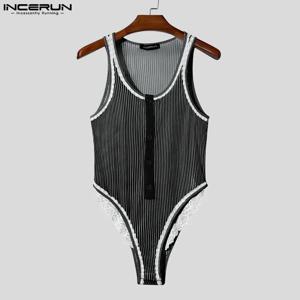 INCERUN 남성 바디 슈트 레이스 스트라이프 패치 워크 오 넥 버튼 민소매 남성 Rompers 섹시한 2025 스키니 패션 아늑한 바디 슈트 남성