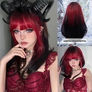 20인치 섹시 블랙 레드 옴브레 합성 가발 (앞머리 포함) 여성용 미디엄 내추럴 스트레이트 헤어, 데일리 코스프레용, 내열성