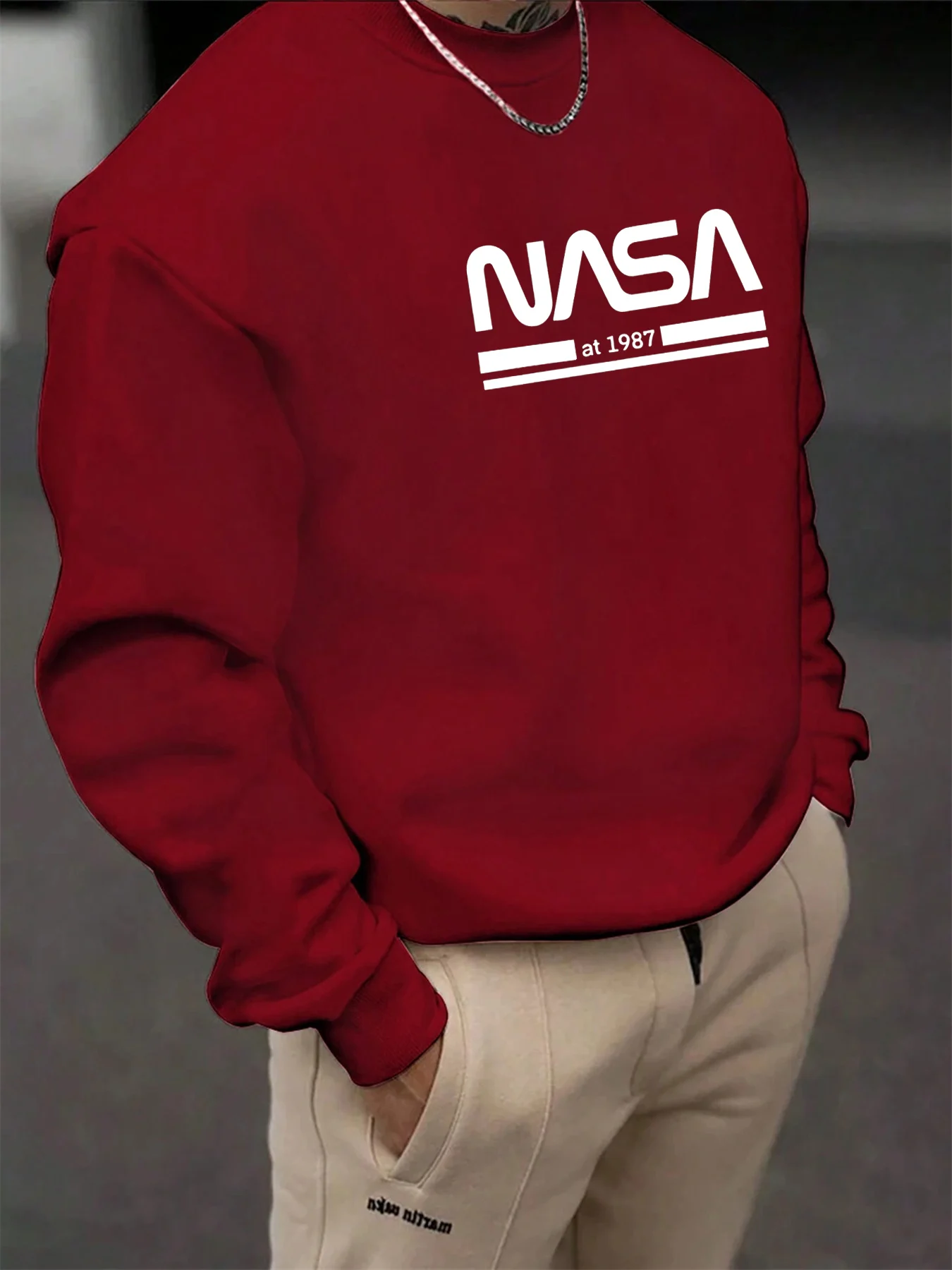 남성 가을, 겨울 패셔너블 캐주얼 루즈한 NASA 문자 그래픽 프린트 긴팔 라운드 넥 스웨트셔츠