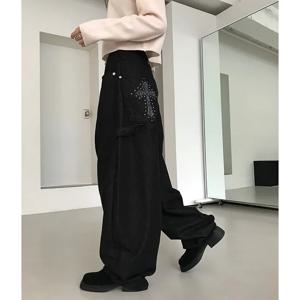하이웨이스트 와이드 레그 플로어-길이 데님 진 여성용 아메리칸 레트로 다용도 패션 포켓 워크웨어 스타일 비즈 장식 캐주얼 팬츠