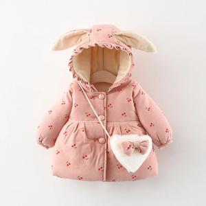 겨울 소녀 면 재킷, 새로운 귀여운 아동복, 단색 인쇄 소녀 면 재킷, 토끼 귀 후드 가방 선물
