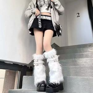 2025 신상 핫걸 플러시 가죽 버클 레그 커버 트렌디 개성 펑크 인조 가죽 풀레그 커버 플러스 벨벳 Y2K