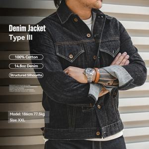 마덴 클래식 14.8온스 타입 III 워시드 데님 재킷 빈티지 슬림 핏 코튼 데님 아우터웨어 남성용 봄 & 가을 다크 블루 탑스