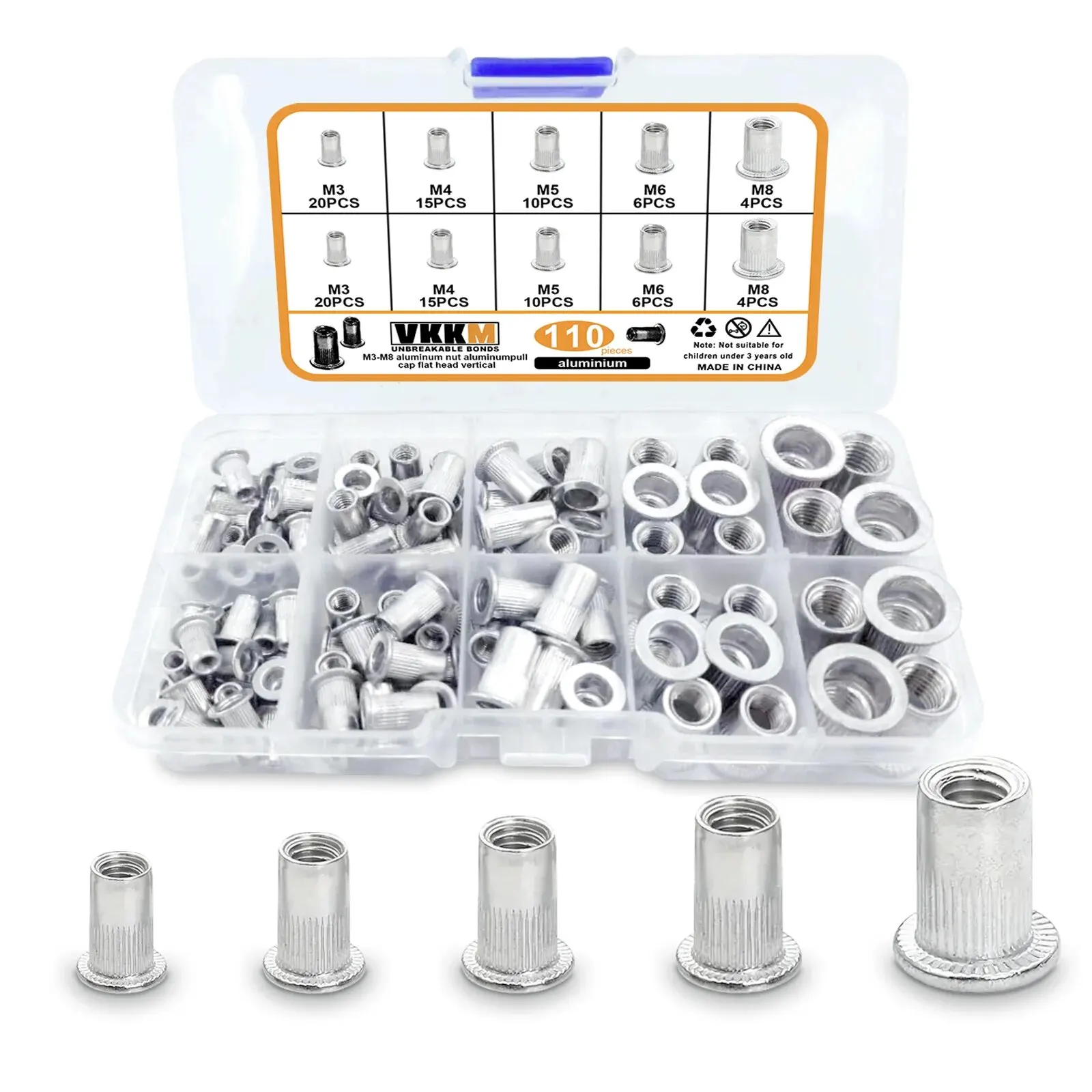 110Pcs 리벳 너트, 알루미늄 플랫 스레드 너트 조립 키트, 자동차, 가구, 산업 제품에 적합