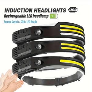 1 LED+COB USB 충전식 헤드라이트, 모션 센서 헤드라이트, 달리기, 낚시, 캠핑, 하이킹, 비상 조명에 적합