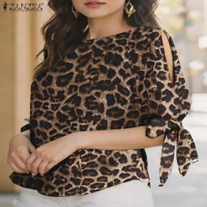 ZANZEA 여름 레오파드 프린트 블라우스 여성 우아한 하프 슬리브 작업 셔츠 패션 레이스 업 홀리데이 탑 보헤미안 세련된 블라우스