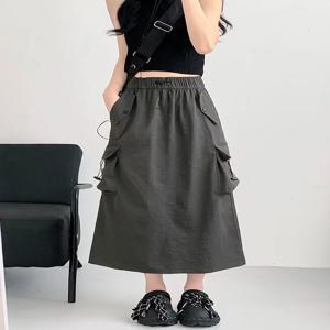 미국 레트로 워크웨어 스커트 하이웨이스트 A라인 플러스 사이즈 그레이 미디 길이 여성 패션 단색 가을 시즌 롱 스커트