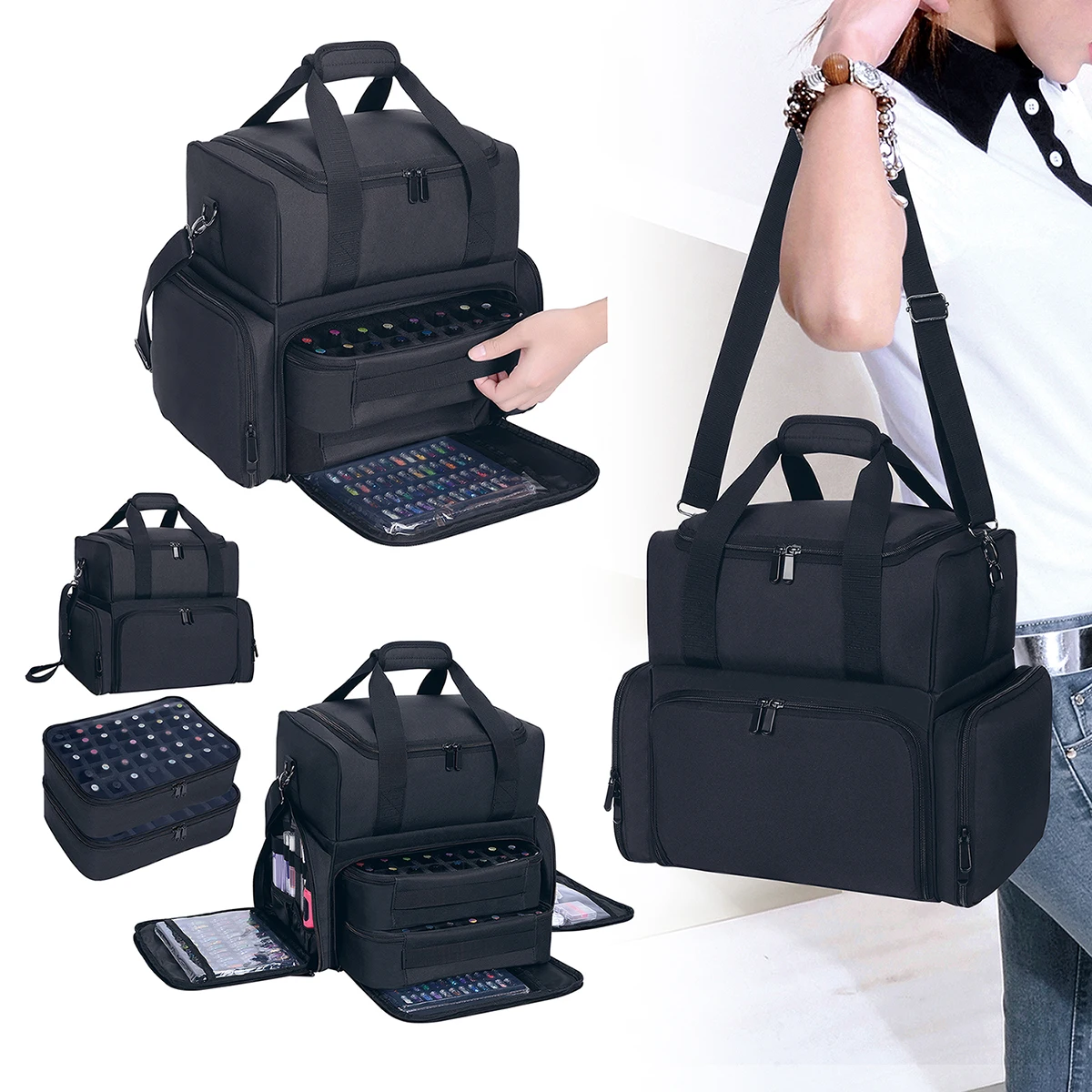 80병 대용량 매니큐어 정리함 케이스 - 탈부착 가능한 가방 2개가 포함된 휴대용 여행용 보관함, 여성용 필수품