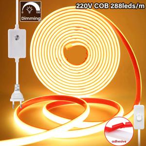 디 밍이 가능한 220V COB 네온 스트립 접착 테이프 리본 Led 빛 288LED/M IP65 방수 침실 조명 부엌 야외 램프