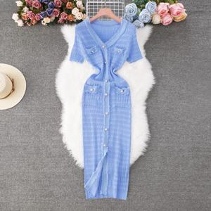 YuooMuoo 2025 새로운 도착한 여성 니트 롱 드레스 우아한 v 넥 싱글 브레스트 스플릿 스웨터 드레스 Office Lady Vestidos