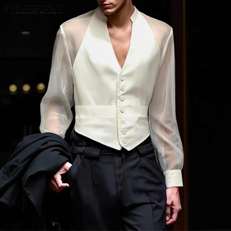 INCERUN 남성 셔츠 메쉬 패치 워크 V 넥 긴 소매 투명 섹시한 캐주얼 남성 셔츠 streetwear 패션 파티 camisas 2025