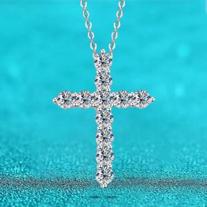 전체 Moissanite 크로스 펜던트 원래 Sterg 슬리버 체인 도금 화이트 골드 고급 목걸이 여성 쥬얼리에 대한