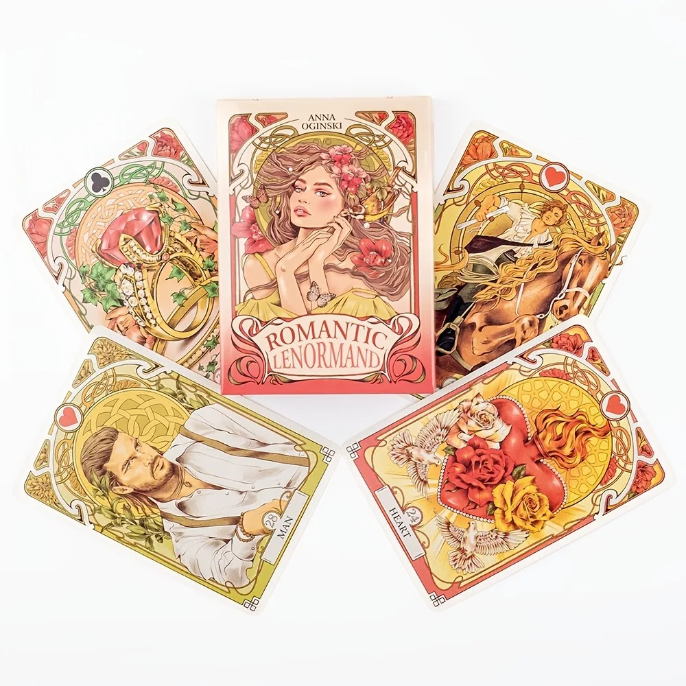 37Pcs 로맨틱 Lenormand Oracle 카드 데크 - 영어 버전, 보드 게임용 아르누보 꽃 및 신화 일러스트레이션