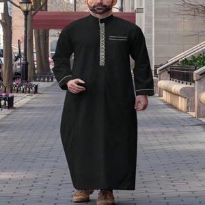 2025 이슬람 아랍 남성 가운, 긴팔 자수 칼라 아랍 남성 thobe 스탠드 칼라 느슨한 이슬람 가운
