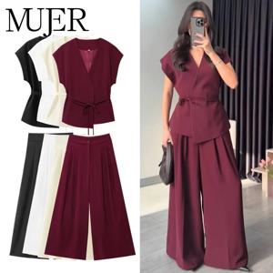 MUJER 2025 여성용 와이드 레그 팬츠 세트 2피스 민소매 베스트 탑 여성 플리츠 캐주얼 트라우저 세트 투피스 의상