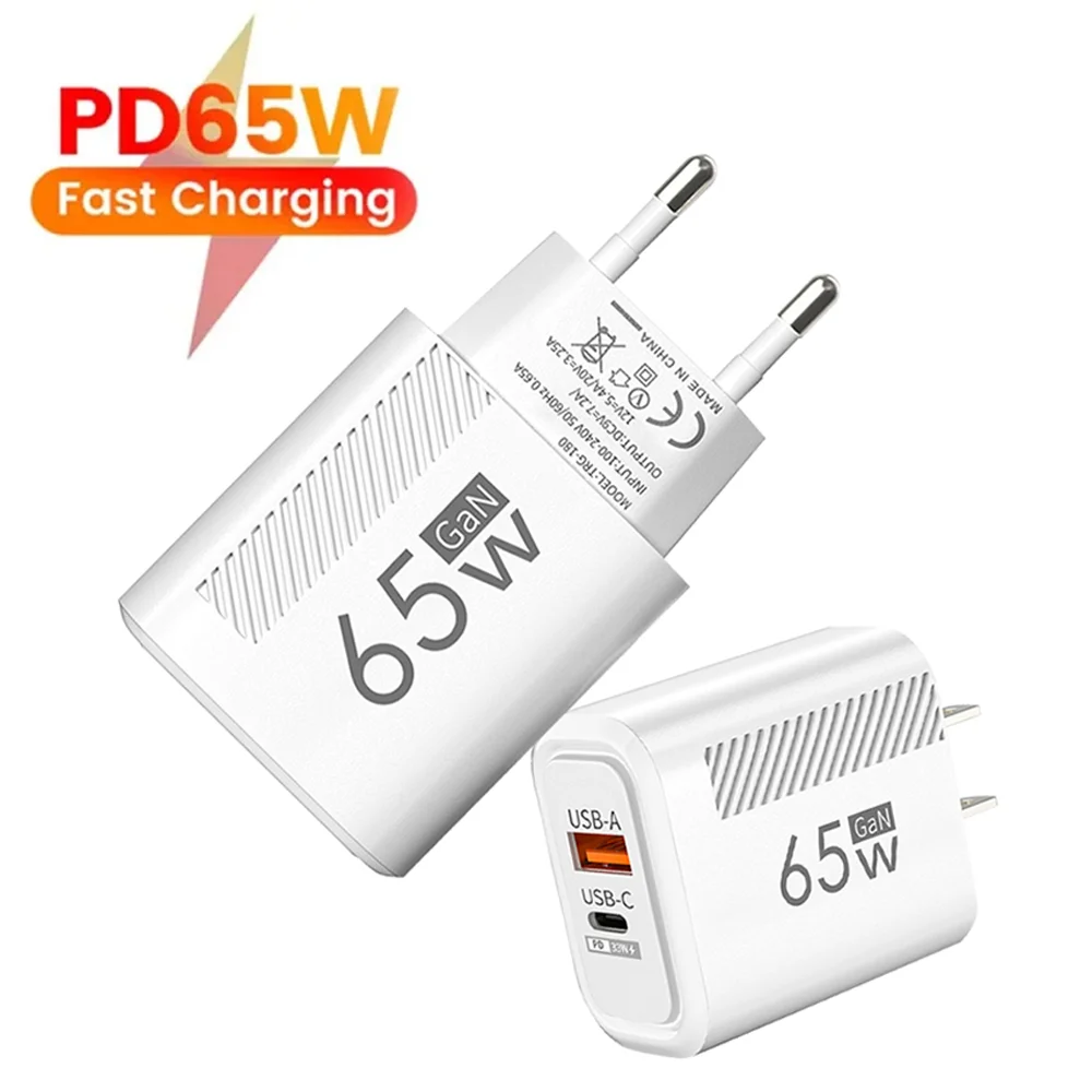 총 65W GaN USB 충전기 빠른 충전 EU/US 플러그 전화 충전 어댑터 iPhone Xiaomi Samsung QC 3.0 유형 C PD 벽 충전기