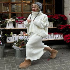 Wolfeel 여성 니트 터틀넥 스웨터 스커트 2 피스 세트 가을 겨울 느슨한 솔리드 컬러 니트 복장 캐주얼 따뜻한 양복