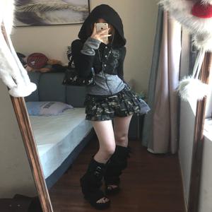 YUNNNIE 밀레니엄 Y2K 서브컬쳐 여성 레트로 펑크 페이크 투피스 긴팔 후드티 한국 스타일 짧은 길이 폴리에스터 섬유