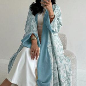 여성을위한 느슨한 꽃 인쇄 Abaya 긴 소매 전통 중동 드레스 스카프없이 우아한 오픈 프론트 가운
