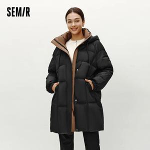 세미르 다운 재킷 여성용 롱 후드 블랙 컬러 블록 2024 겨울 신상 루즈 아우터웨어 패션 여성복