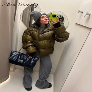 따뜻한 후드 코튼 패딩 코트 여성용 솔리드 스탠드 칼라 풀 슬리브 지퍼 버튼 두꺼운 코트 2025 가을 겨울 여성 아우터