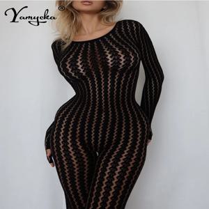 섹시한 시스루 점프수트 여성 여름 원피스 나이트클럽 파티 롬퍼 점프수트 여성 블랙 긴팔 바디콘 점프수트