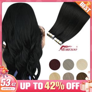 Moretoo-인모 익스텐션 테이프 26 인치 28 인치 접착제 천연 PU 레미 블론드 헤어, 블랙 피스 여성용 스트레이트 헤어