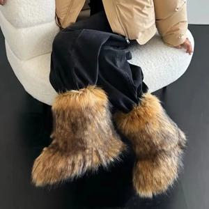여성 겨울 스노우 부츠 야외 럭셔리 퍼리 인조 폭스 퍼 부츠 여성 플러시 따뜻한 플랫폼 슈즈 신상 패션 부츠 큰 사이즈 46