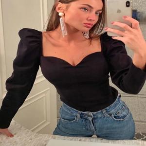 특별 제공 뜨거운 판매 Korean2019 가을 솔리드 컬러 빈티지 새로운 여성 셔츠 퍼프 슬리브 스퀘어 섹시한 작은 v 넥 슬림 블라우스