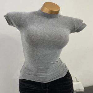 하프 하이 칼라 반팔 티셔츠, 한국 투명, 슬림핏, 신축성 있는 단색 이너, 섹시한 큰 가슴 티셔츠