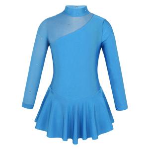 GirlsLong Sleeves 체조 피겨 아이스 스케이트 드레스 라인 석 메쉬 Tulle Splice Leotard Dress 볼룸 발레 댄스 의상