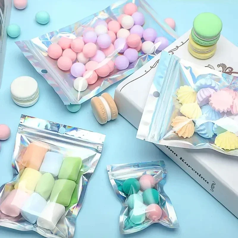 100pcs 홀로그램 Resealable Mylar 가방 지 플락 캔디 Suger 티 쥬얼리 뷰티 보관 가방