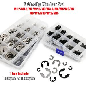 M1.2 ~ M15 믹스 키트 E 타입 서클립 외부 고정 링 스냅 와셔 (샤프트 베어링용, 검정색, 65mn, 304 A2 스테인리스 스틸) 1세트
