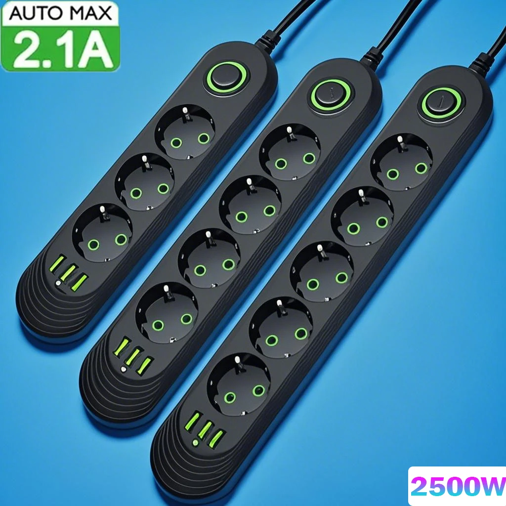 2M 케이블 EU 플러그 멀티탭 (3개 USB 소켓, 네트워크 필터, 원형 핀 AC 콘센트 포트, 연장 코드 포함)