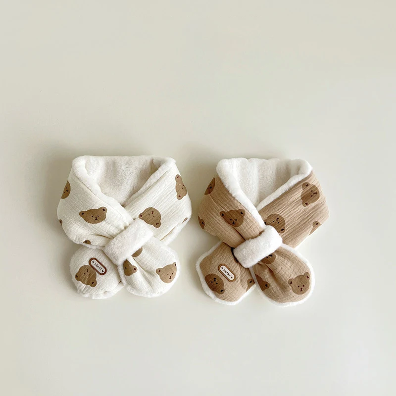 한국어 곰 인쇄 아기 스카프 겨울 플러시 크로스 스카프 어린이 소년 소녀 따뜻한 Neckerchief