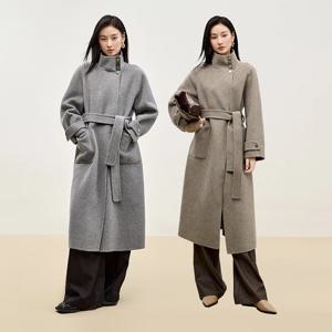 SENTUBILA 여성 울 블렌드 롱 코트 겨울 따뜻한 겉옷 2025 루즈핏 스탠드 넥 양면 벨트 오버코트 W44O56661