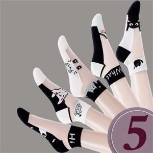 5 짝/몫 여름 양말 흑백 고양이 유리 실크 통기성 여성 양말 간단한 짧은 양말