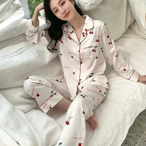 여성용 아이스 실크 잠옷, 긴팔 레이스, 프리미엄 센스, 2 피스 세트, 스위트 홈웨어, 러브 블루 숙녀 잠옷 라운지웨어