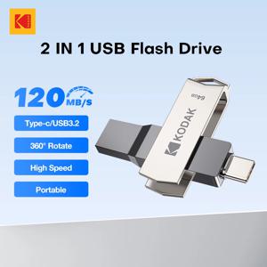 코닥 2 in 1 USB 플래시 드라이브 타입-C 펜드라이브 32GB 64GB 128GB 256GB USB 3.2 고속 듀얼 메모리 스틱 펜 드라이브 (휴대폰용)