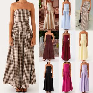 Combhasaki 여성 빈티지 솔리드 컬러 셔링 Strapless 로우 허리 패치 워크 백리스 우아한 Flowy Pleated a 라인 튜브 롱 드레스